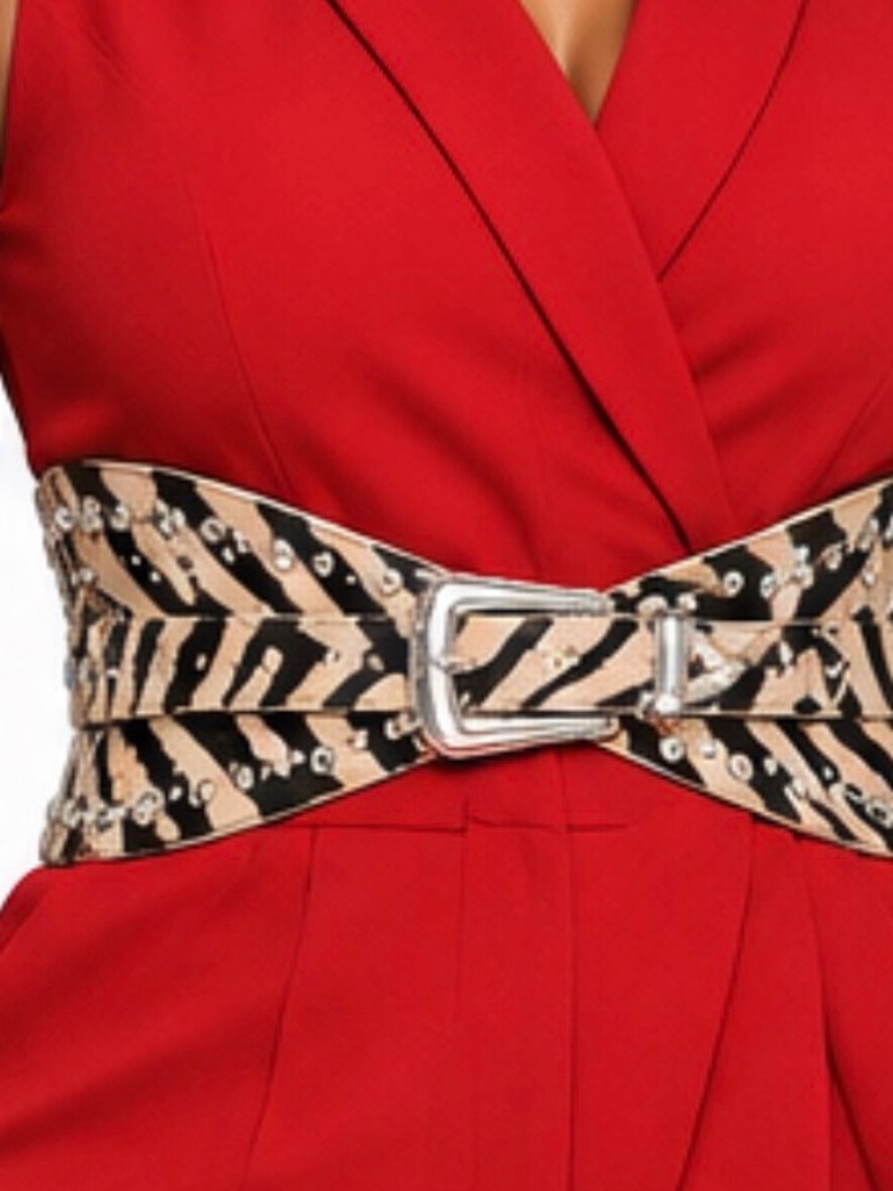 Wide Zebra-Print Waist Belt with Silver Buckle - Beige/Black Only a Similarity